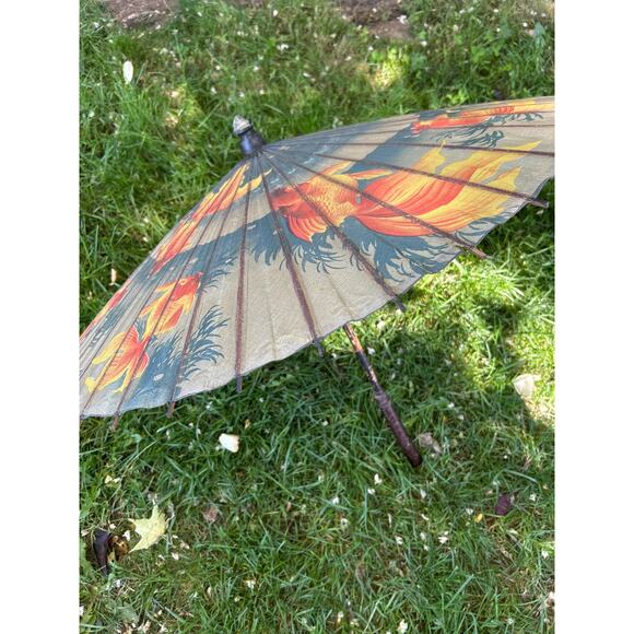 Vintage Koi Fish Paper Parasol 34" Bamboo Umbrella Asian Art Decor - Picture 2 of 8